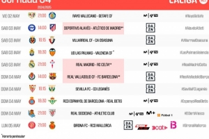 西甲第34轮时间：5月4日3点皇马vs塞尔塔 20点巴拉多利德vs巴萨